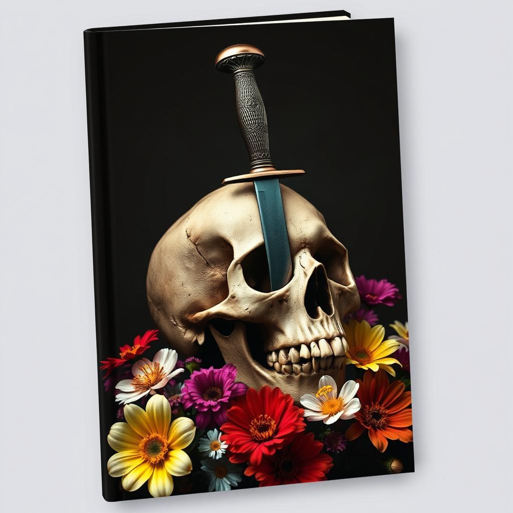 A captivating book cover design with an enigmatic scene of a dagger inserted into a skull, surrounded by blooming flowers