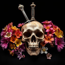 A captivating book cover design with an enigmatic scene of a dagger inserted into a skull, surrounded by blooming flowers