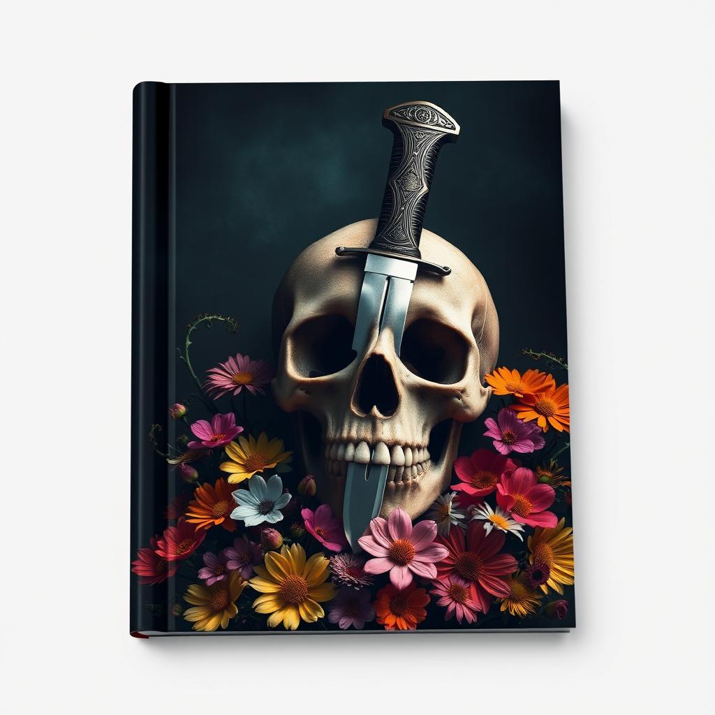 A captivating book cover design with an enigmatic scene of a dagger inserted into a skull, surrounded by blooming flowers