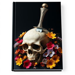 A captivating book cover design with an enigmatic scene of a dagger inserted into a skull, surrounded by blooming flowers