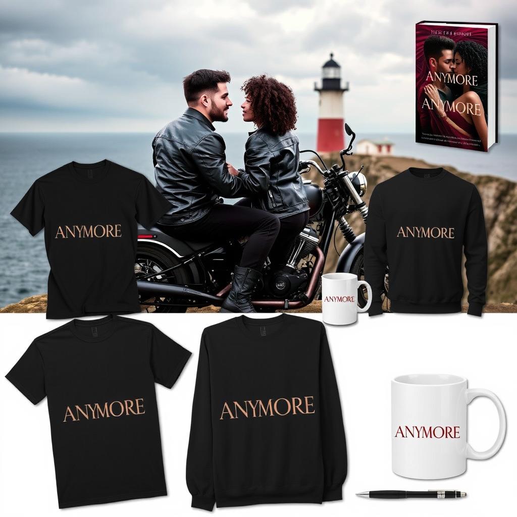 A visually striking advertisement for a romance novel featuring a range of products: t-shirts and sweaters for both men and women, a mug, and a pen