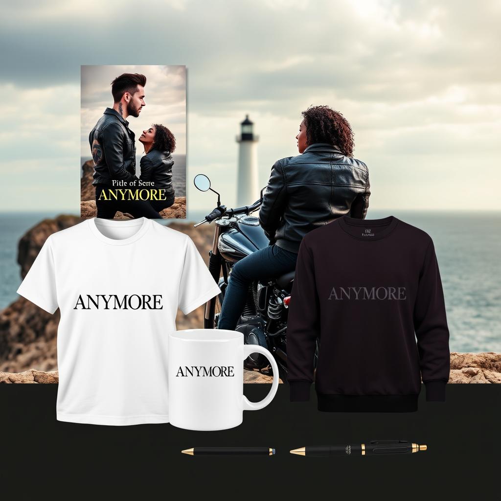 A visually striking advertisement for a romance novel featuring a range of products: t-shirts and sweaters for both men and women, a mug, and a pen