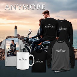 A visually striking advertisement for a romance novel featuring a range of products: t-shirts and sweaters for both men and women, a mug, and a pen