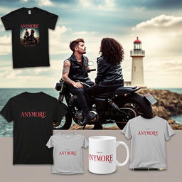 A visually striking advertisement for a romance novel featuring a range of products: t-shirts and sweaters for both men and women, a mug, and a pen