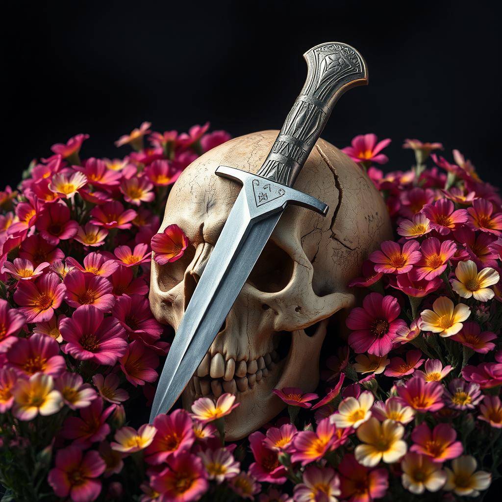 A mesmerizing scene of a dagger entering a skull, surrounded by blooming flowers