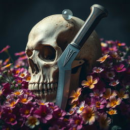 A mesmerizing scene of a dagger entering a skull, surrounded by blooming flowers