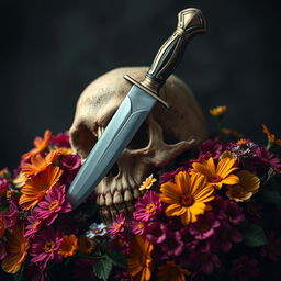 A mesmerizing scene of a dagger entering a skull, surrounded by blooming flowers