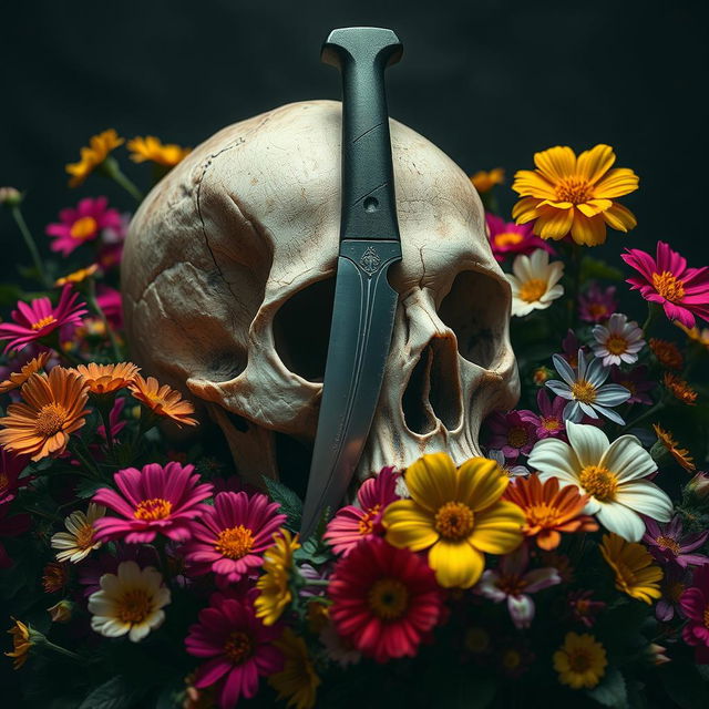 A mesmerizing scene of a dagger entering a skull, surrounded by blooming flowers