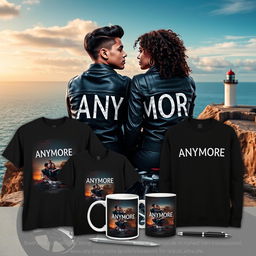 A vibrant and captivating advertisement featuring a range of products including t-shirts, sweaters for both men and women, a mug, and a pen