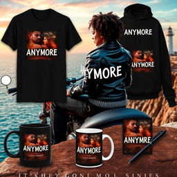 A vibrant and captivating advertisement featuring a range of products including t-shirts, sweaters for both men and women, a mug, and a pen