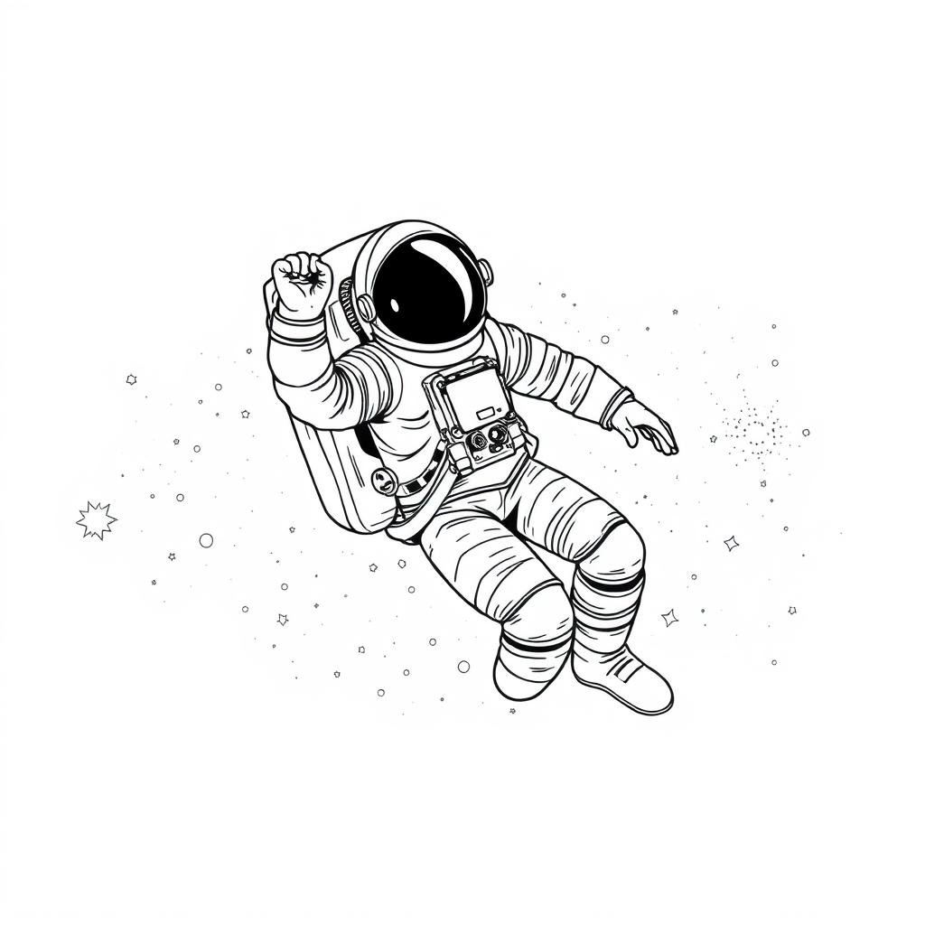 A black and white illustration of an astronaut in a spacesuit floating gracefully in the galaxy