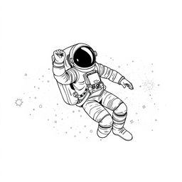 A black and white illustration of an astronaut in a spacesuit floating gracefully in the galaxy