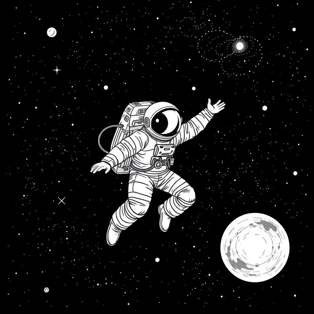 A black and white illustration of an astronaut in a spacesuit floating gracefully in the galaxy