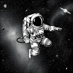 A black and white illustration of an astronaut in a spacesuit floating gracefully in the galaxy