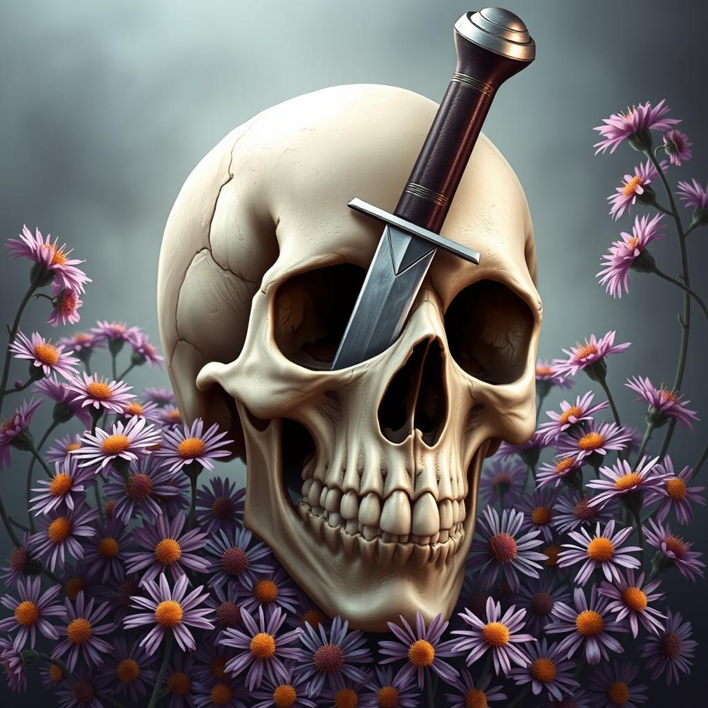 A stunning book cover design illustrating a dagger entering a skull, surrounded by blossoming aster flowers