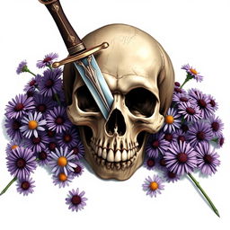 A stunning book cover design illustrating a dagger entering a skull, surrounded by blossoming aster flowers