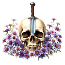 A stunning book cover design illustrating a dagger entering a skull, surrounded by blossoming aster flowers