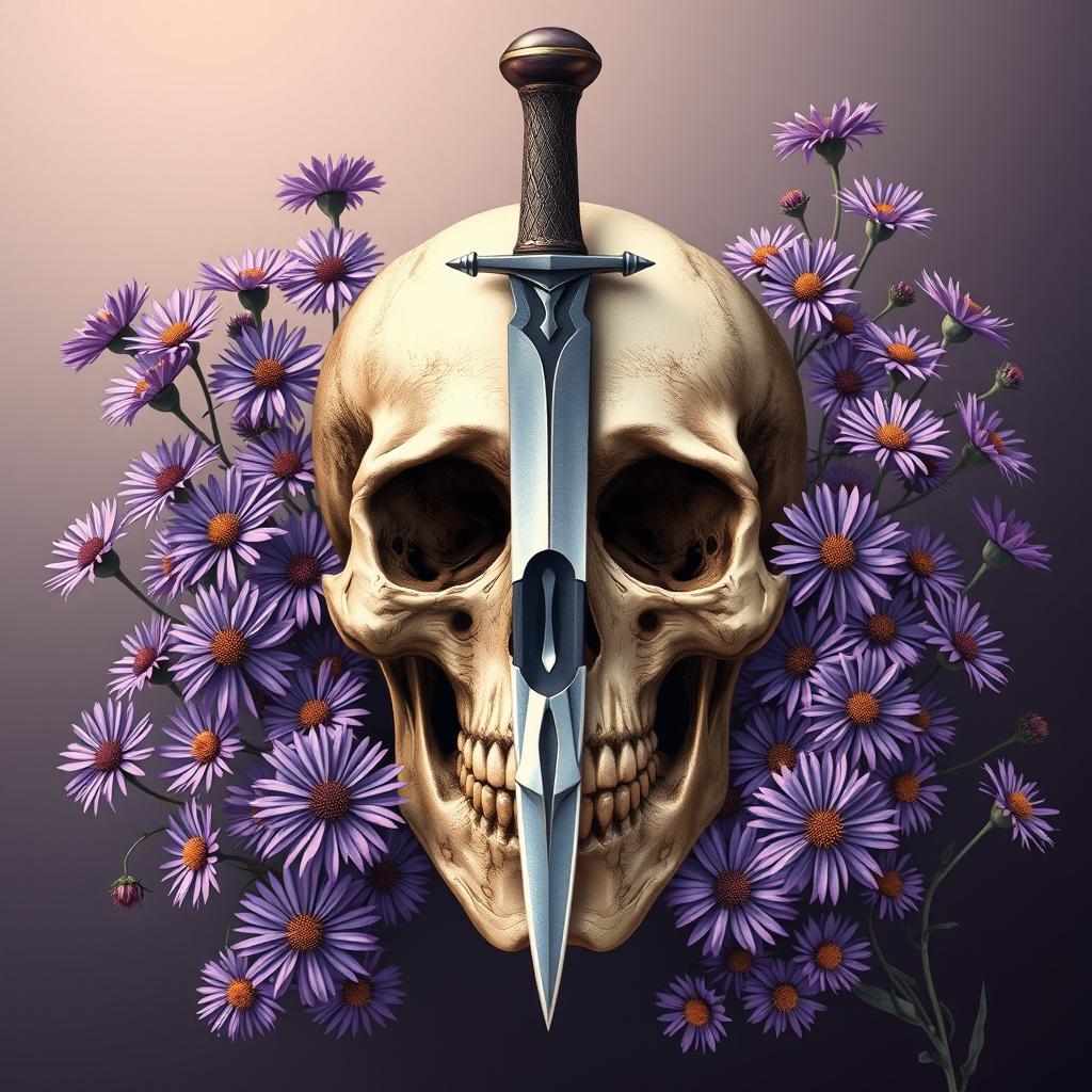 A stunning book cover design illustrating a dagger entering a skull, surrounded by blossoming aster flowers