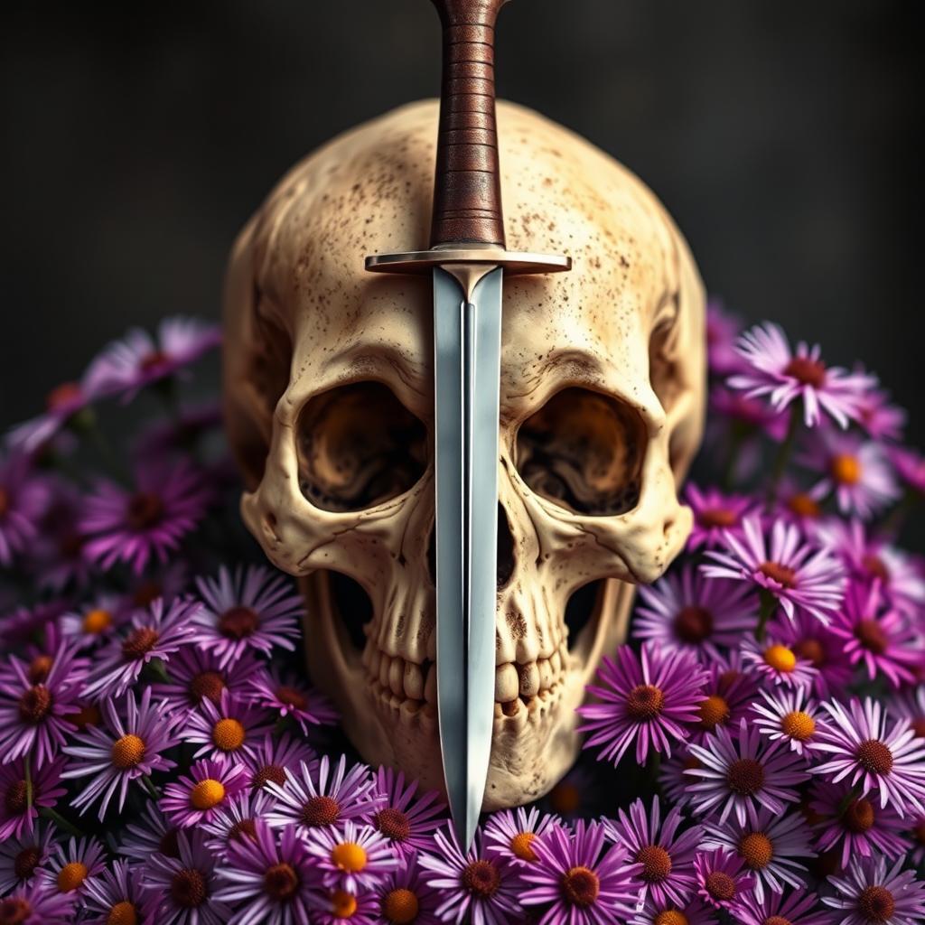 A striking book cover design featuring a dagger piercing a skull, encircled by blooming aster flowers