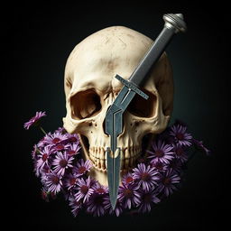 A striking book cover design featuring a dagger piercing a skull, encircled by blooming aster flowers