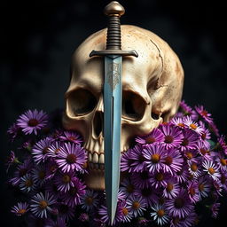 A striking book cover design featuring a dagger piercing a skull, encircled by blooming aster flowers