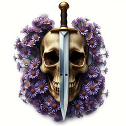 A striking book cover design featuring a dagger piercing a skull, encircled by blooming aster flowers