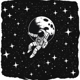 A black and white illustration of an astronaut in a spacesuit floating gracefully in the galaxy, surrounded by a multitude of stars that twinkle and shine