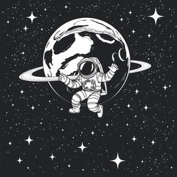 A black and white illustration of an astronaut in a spacesuit floating gracefully in the galaxy, surrounded by a multitude of stars that twinkle and shine