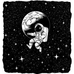 A black and white illustration of an astronaut in a spacesuit floating gracefully in the galaxy, surrounded by a multitude of stars that twinkle and shine