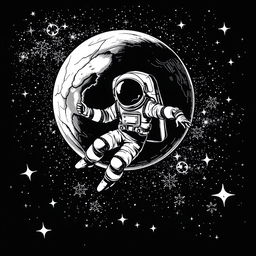 A black and white illustration of an astronaut in a spacesuit floating gracefully in the galaxy, surrounded by a multitude of stars that twinkle and shine