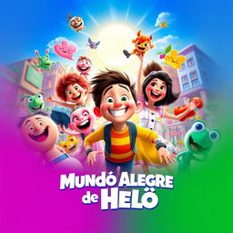 A vibrant and joyful movie poster for "Mundo Alegre de Helô" with bright, colorful elements conveying happiness and excitement