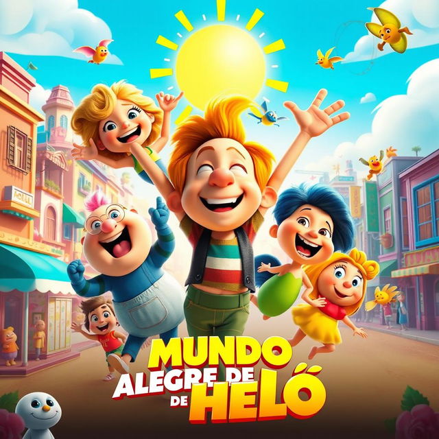 A vibrant and joyful movie poster for "Mundo Alegre de Helô" with bright, colorful elements conveying happiness and excitement