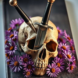 An evocative book cover showcasing a dagger piercing a skull, with aster flowers blooming around it