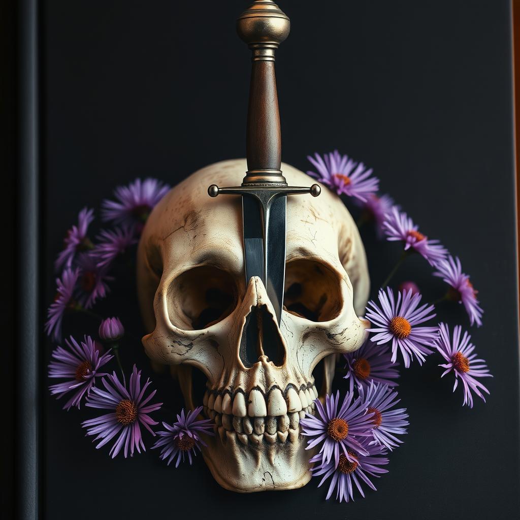 An evocative book cover showcasing a dagger piercing a skull, with aster flowers blooming around it