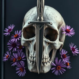 An evocative book cover showcasing a dagger piercing a skull, with aster flowers blooming around it