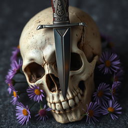 An evocative book cover showcasing a dagger piercing a skull, with aster flowers blooming around it