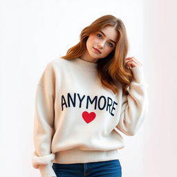 A visually appealing merchandising image featuring a girl wearing a cozy sweater emblazoned with the word 'ANYMORE' and a heart symbol