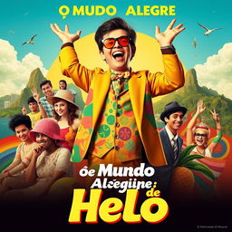 A vibrant and retro-styled poster for the movie "O Mundo Alegre de Helô", featuring a joyful and charismatic Helô in colorful 1960s fashion