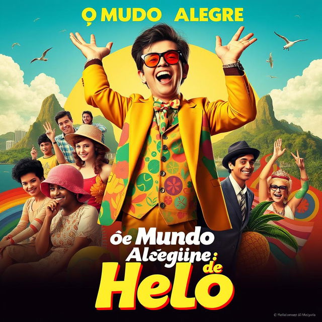 A vibrant and retro-styled poster for the movie "O Mundo Alegre de Helô", featuring a joyful and charismatic Helô in colorful 1960s fashion