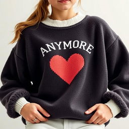 A visually appealing merchandising image featuring a girl wearing a cozy sweater emblazoned with the word 'ANYMORE' and a heart symbol