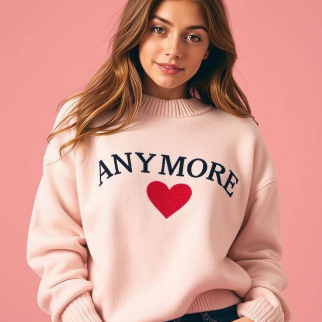 A visually appealing merchandising image featuring a girl wearing a cozy sweater emblazoned with the word 'ANYMORE' and a heart symbol