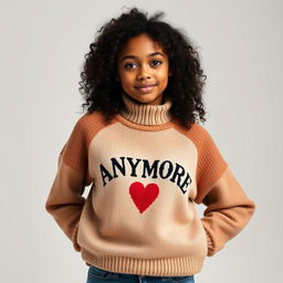 A merchandising image featuring a mulatto girl with curly hair wearing a cozy sweater that says 'ANYMORE' with a heart symbol