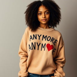 A merchandising image featuring a mulatto girl with curly hair wearing a cozy sweater that says 'ANYMORE' with a heart symbol