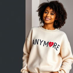 A merchandising image featuring a mulatto girl with curly hair wearing a cozy sweater that says 'ANYMORE' with a heart symbol