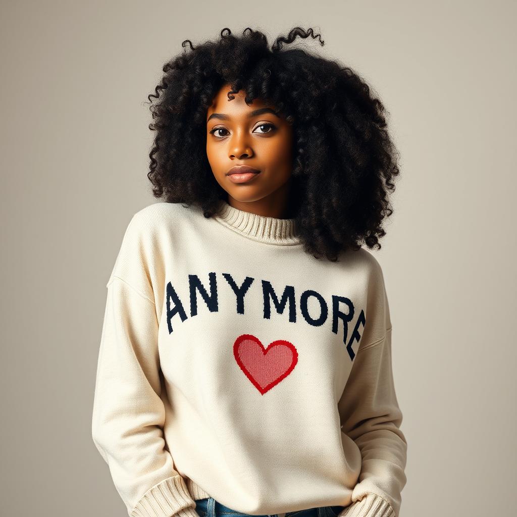 A merchandising image featuring a mulatto girl with curly hair wearing a cozy sweater that says 'ANYMORE' with a heart symbol