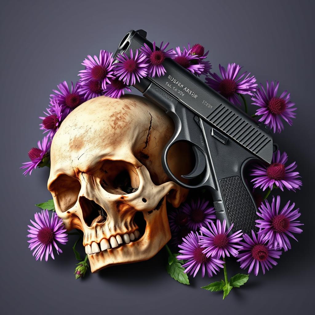 A powerful book cover design featuring a gun alongside a skull, surrounded by blooming aster flowers