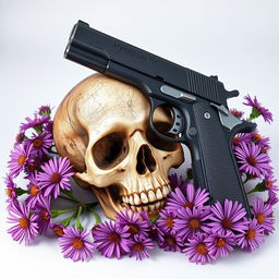 A powerful book cover design featuring a gun alongside a skull, surrounded by blooming aster flowers