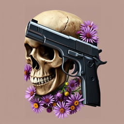 A powerful book cover design featuring a gun alongside a skull, surrounded by blooming aster flowers