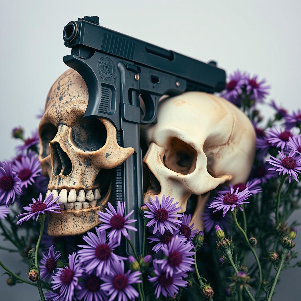 A powerful book cover design featuring a gun alongside a skull, surrounded by blooming aster flowers