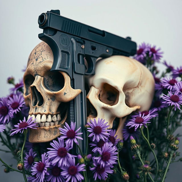 A powerful book cover design featuring a gun alongside a skull, surrounded by blooming aster flowers